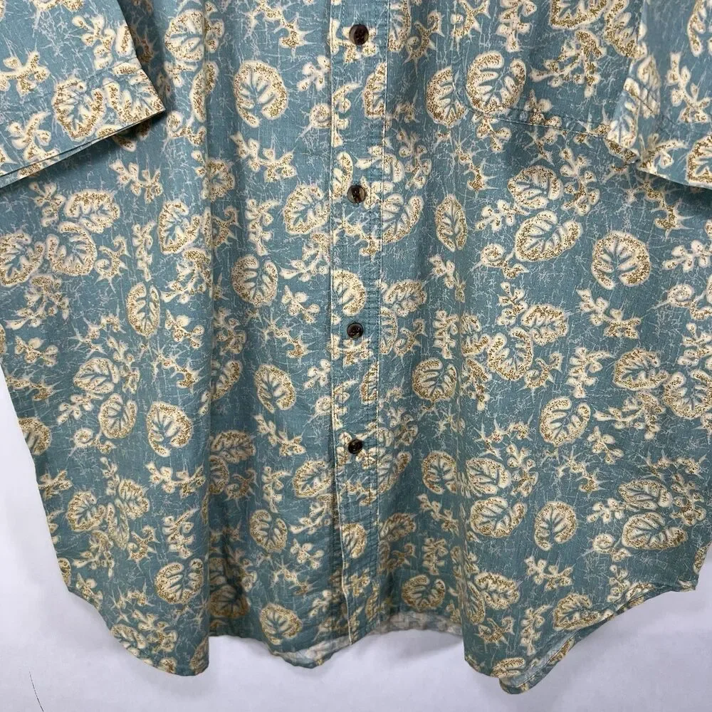 Vintage Bugle Boy Short Sleeve Button Down Shirt Mens XL Blue Beige Floral Ramie